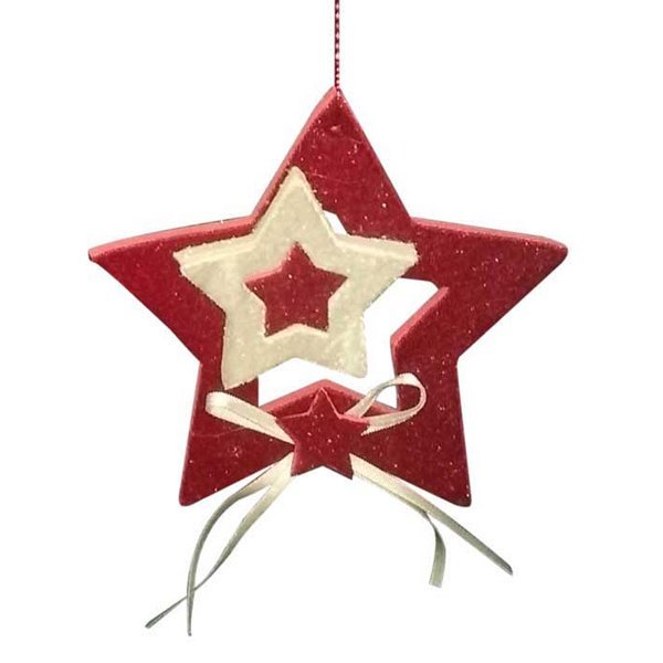 Χριστουγεννιάτικο Κρεμαστό Κόκκινο Αστέρι, με Μπεζ Μικρότερο Αστέρι και Φιόγκο (12cm)